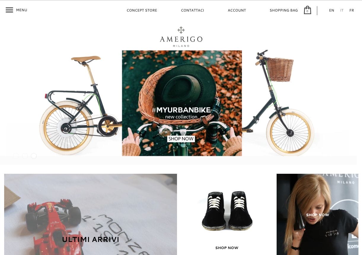 Design minimalista sul sito Amerigo Milano