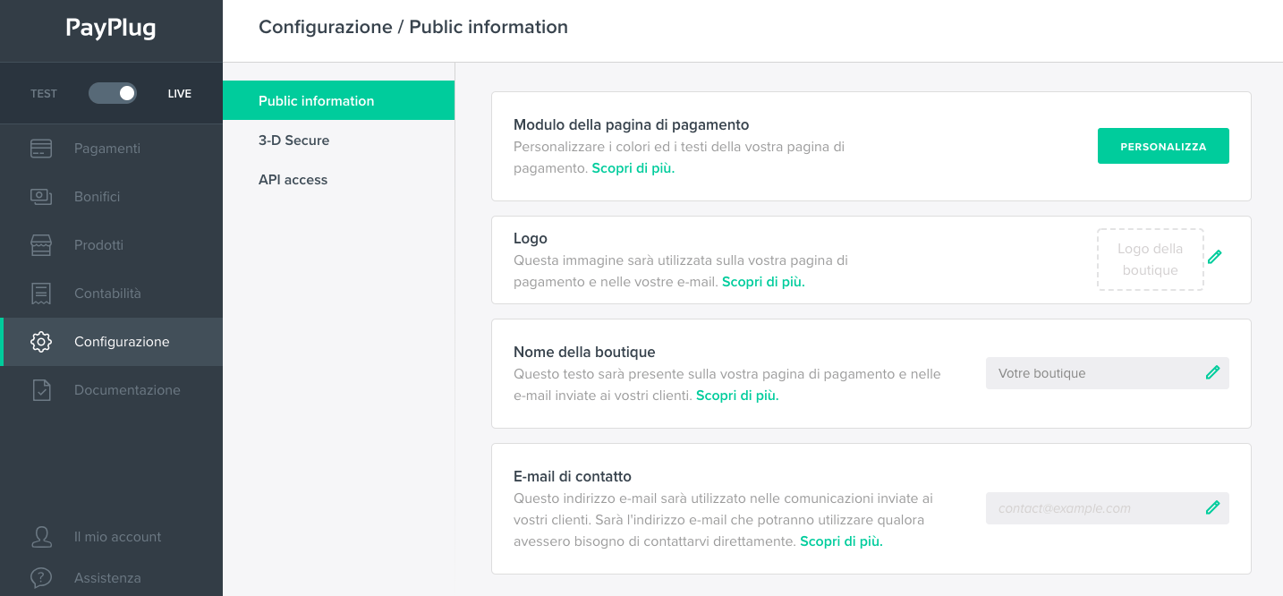 Configurazione Payplug