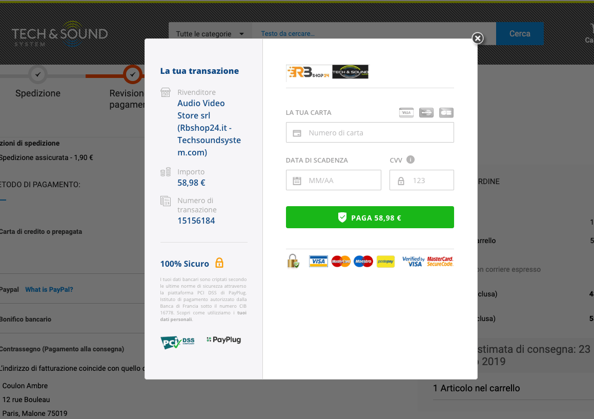 Pagina di pagamento integrata Techsoundsystem.com