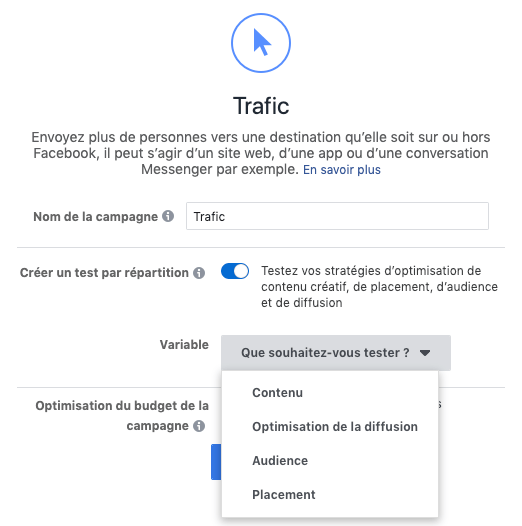 Créer A/B test sur Facebook