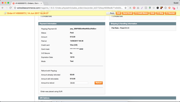 interface administration Magento et Payplug