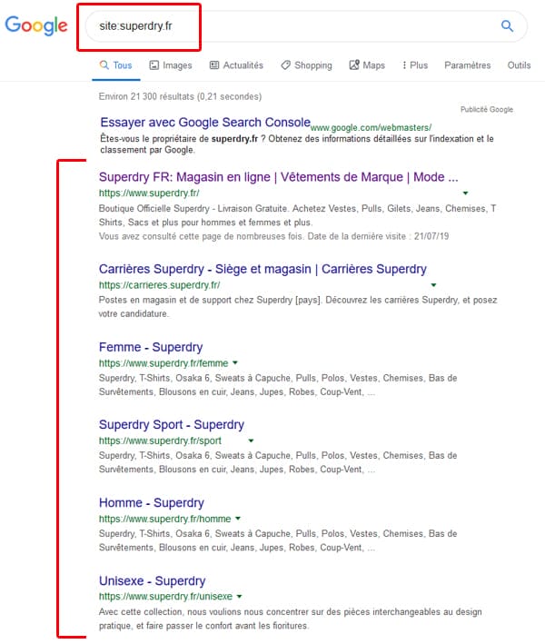 Commande "site :" sur Google