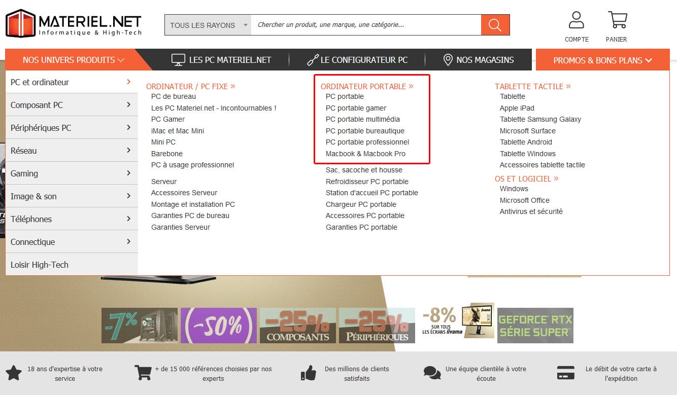 Menu du site materiel.net