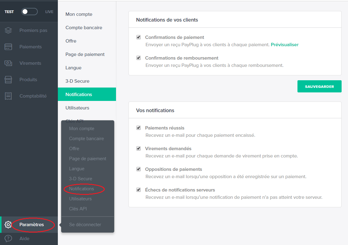Notification compte Payplug